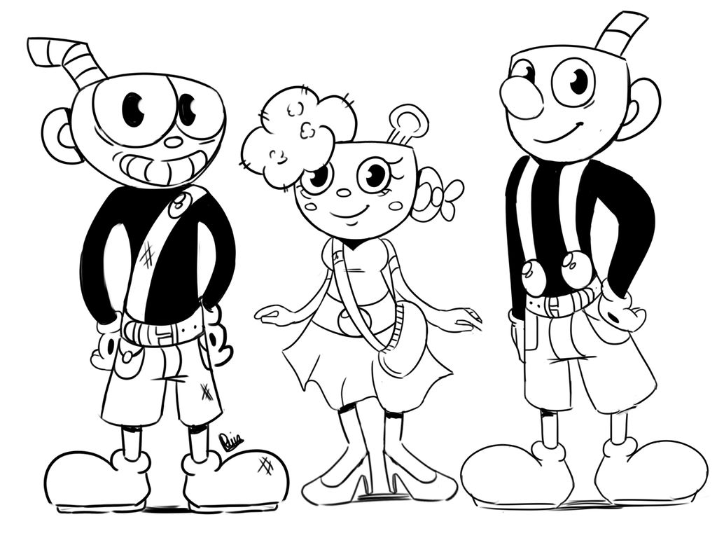 Adult Cuphead, Glassy and Mugman - lineart by Phinbella-Flynn on DeviantArt