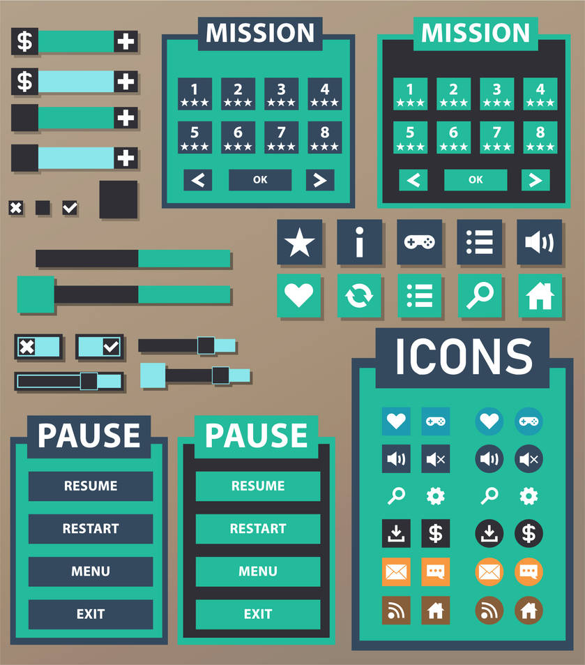 Flat GUI game asset pack for game designers by SunGraphica on DeviantArt