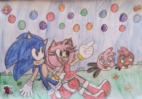 Sonic, Amy Rose, Stella and Red looking at bubbles