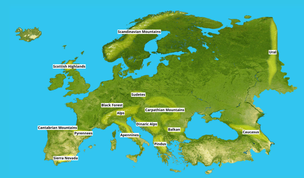 European Mountain Ranges Extra Large Europe Physical Map 63