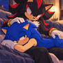 Sonic lays in Shadow's lap