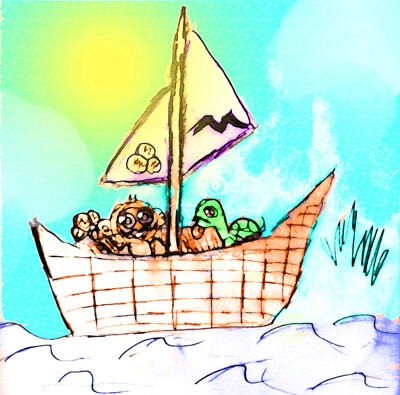 Musteche turtle and monkey on boat with cookie