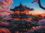 Asian Castle of the Garden Sunset by WilliamXeen