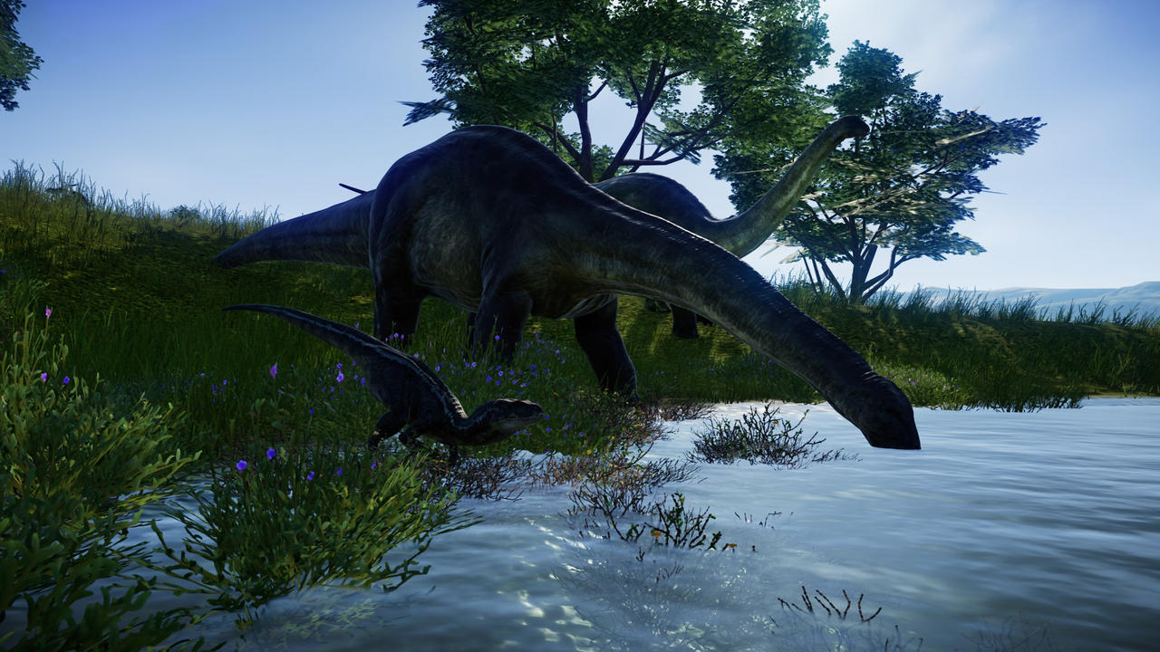 JWE Apatosaurus and raptor at a lake by Marmotte5280 on DeviantArt