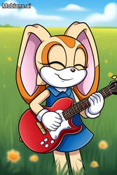 Cream rocking out with her guitar in a field 6.