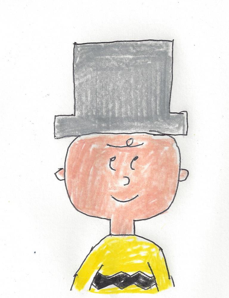 Charlie Brown wearing a silver top hat