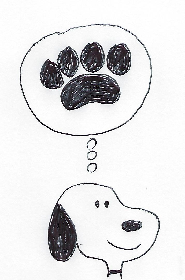 Snoopy thinks of a dog paw print