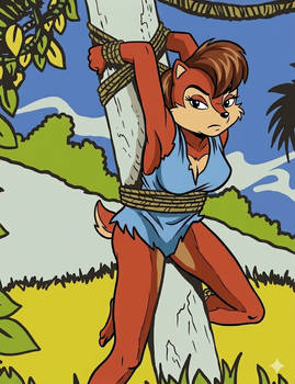 Sally Acorn - jungle girl tied up on a tree trunk