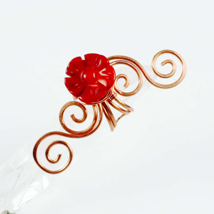 Swirly Copper and Coral Flower Ear Cuff