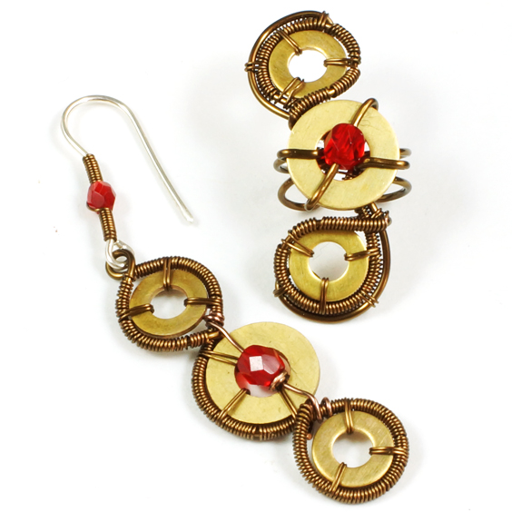 Red Glass and Brass Ear Cuff set