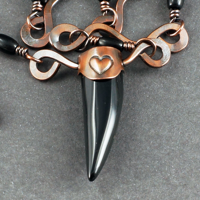 Copper Heart and Black Agate Claw Necklace