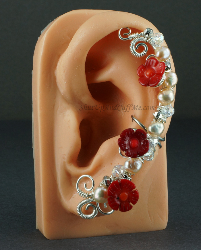 Coral Flower and Champagne Pearls Fairy Ear Cuff