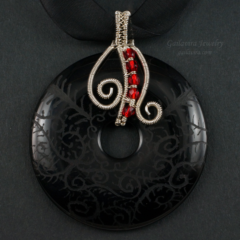 Sterling, Onyx and Red Glass Donut Pendant