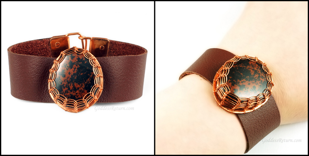 Obsidian, Copper and Brown Leather Bracelet