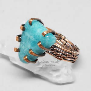 Copper and Blue Stone Wire Wrapped Prong Ring