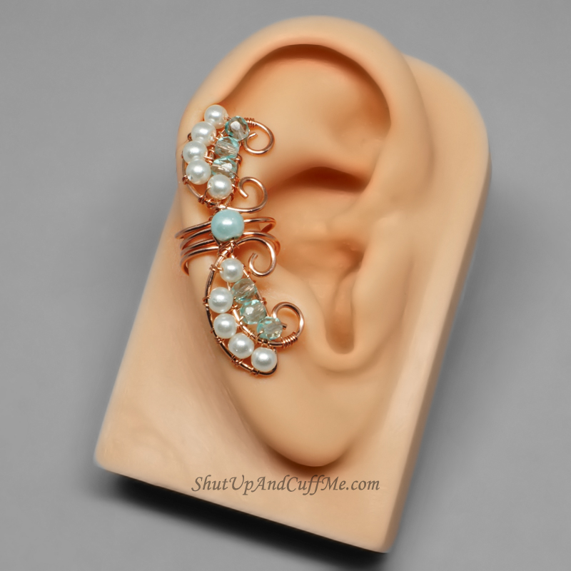 Copper and Glass Pearl Fairy Ear Cuff