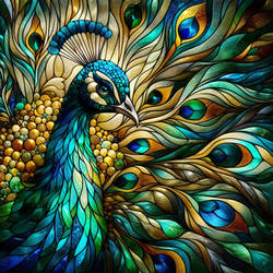 A Peacock in colors gold, greens and blues
