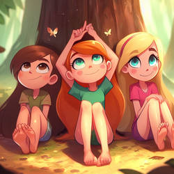 Mabel, Kim, and Star chillin in the forest 