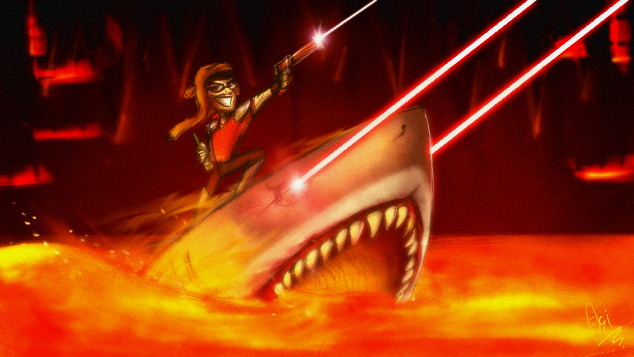 CinnamonToastKen is riding a laser-shooting shark