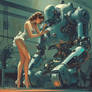 High-heeled mechanic fixing a robot