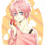 Pink haired boy with apple