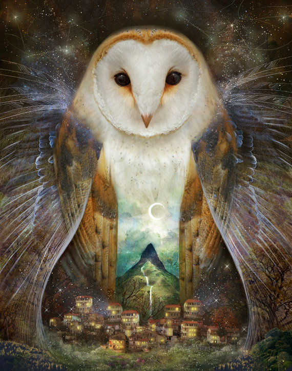 Owl, Mountain, Moon