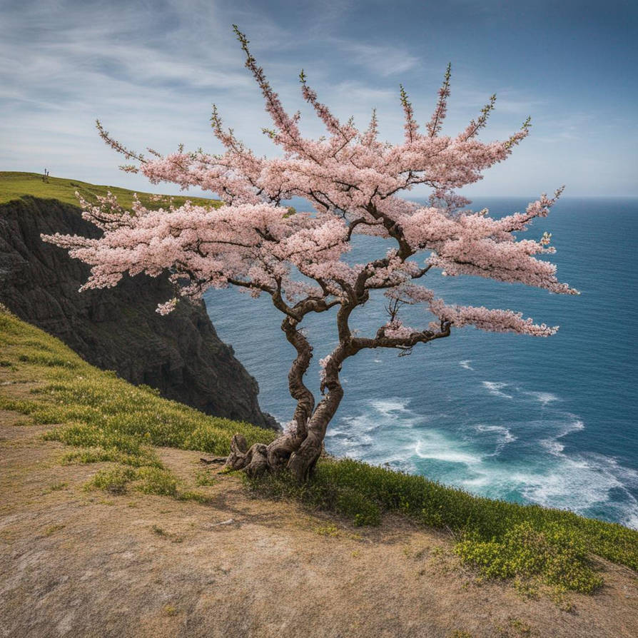 Single cherry tree in bloom on ocean cliff by Leafbinder on DeviantArt