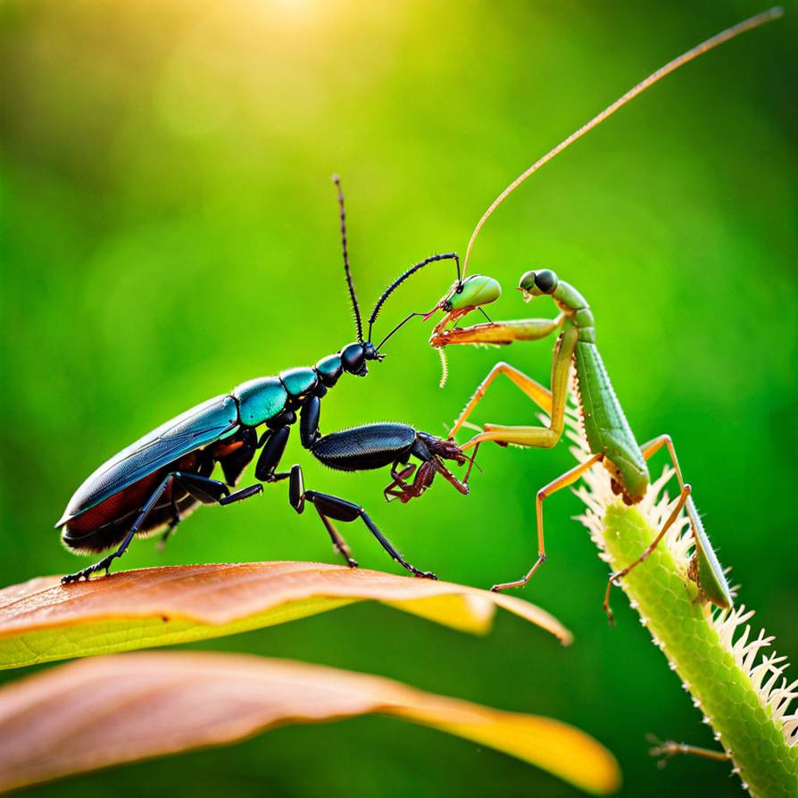 Dogbane Beetle fighting a praying mantis by Leafbinder on DeviantArt
