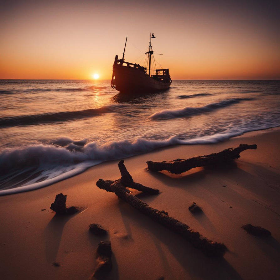 Sunset with a Beach and Old shipwreck by Leafbinder on DeviantArt