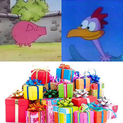 Slim Pig/Rooster Put Presents on Christmas Tree