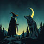 Wizard And Wolf Looking At A Crescent Moon