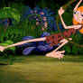 Candace swinging from vines.