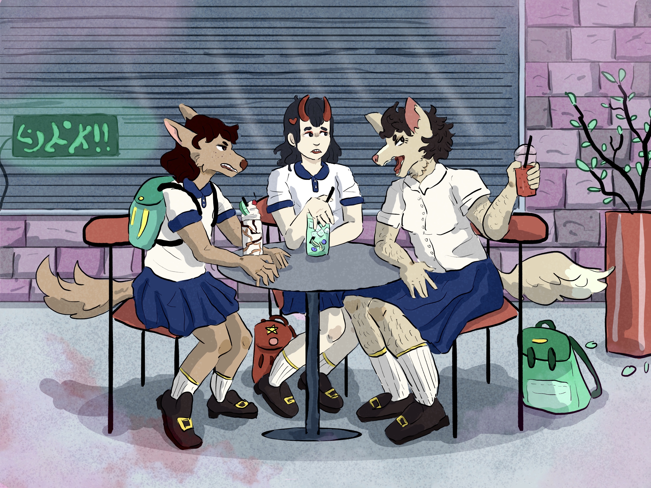 Two Koroblin boys and one Koroblin girl dirnking snacks after school.