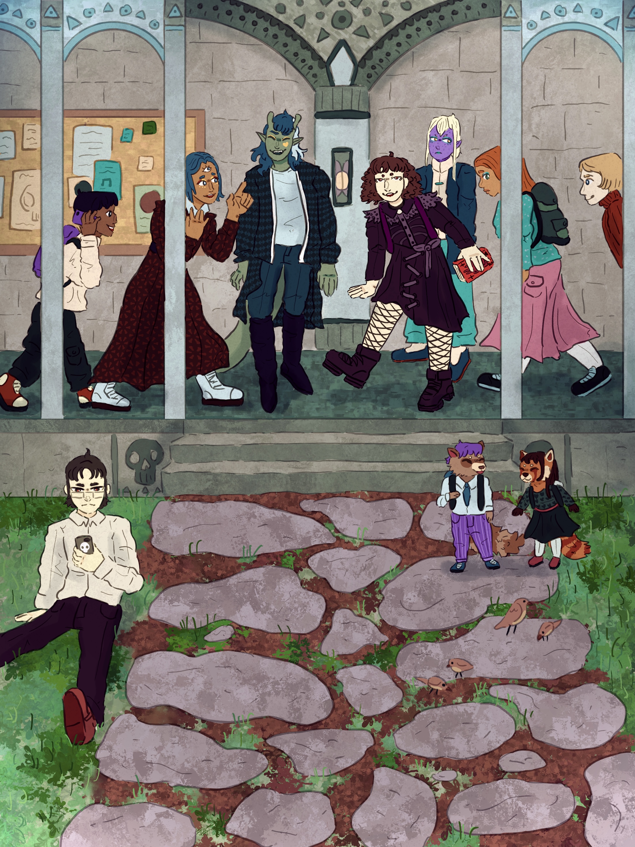 Humans, Koroblins, and Humblins at a middle school.
