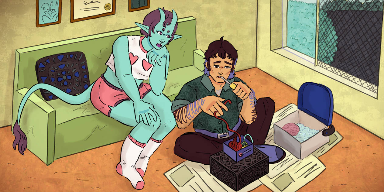 A Human and a Koroblin try to fix a game console.