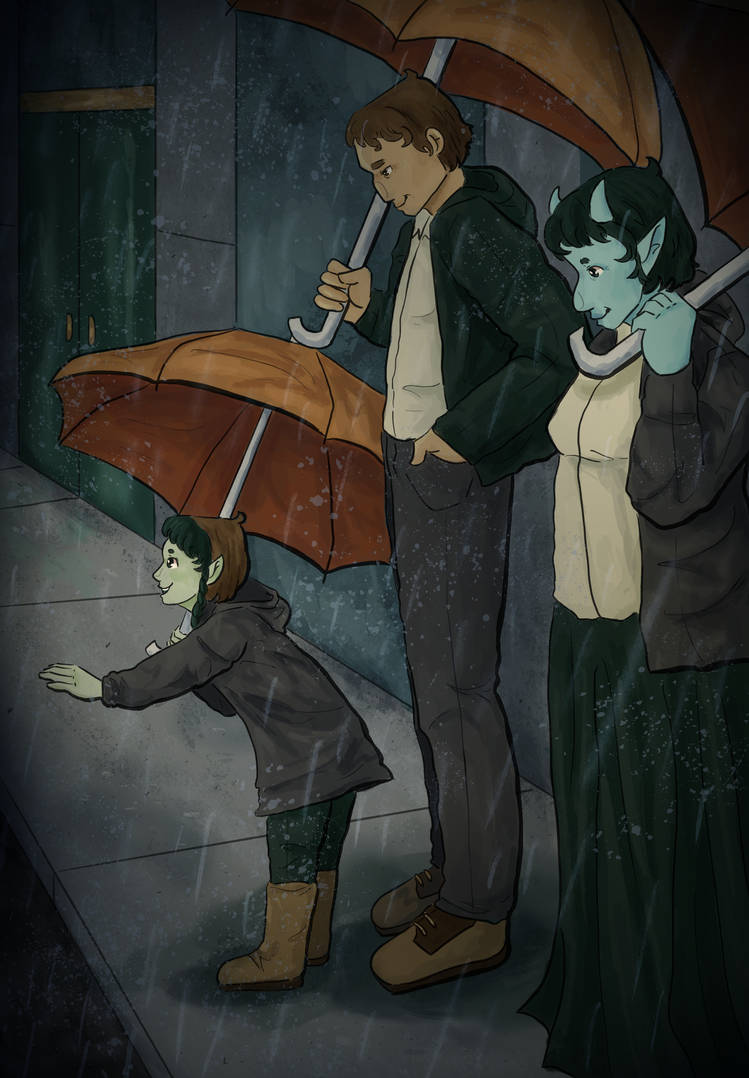 A family of a Human, Koroblin and Half-Koroblin child walking in the rain.
