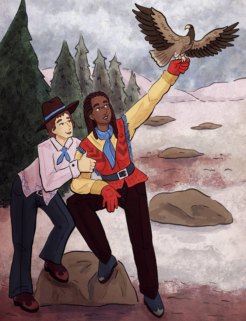 A Falconer showing another man his hawk while in a snowy forest.
