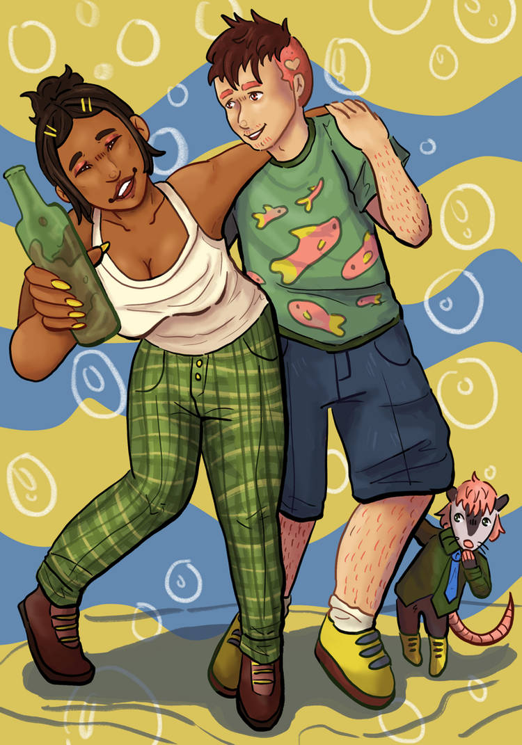 Drunk Human girl, her dude human friend, and a small humblin friend, helping her stand up.
