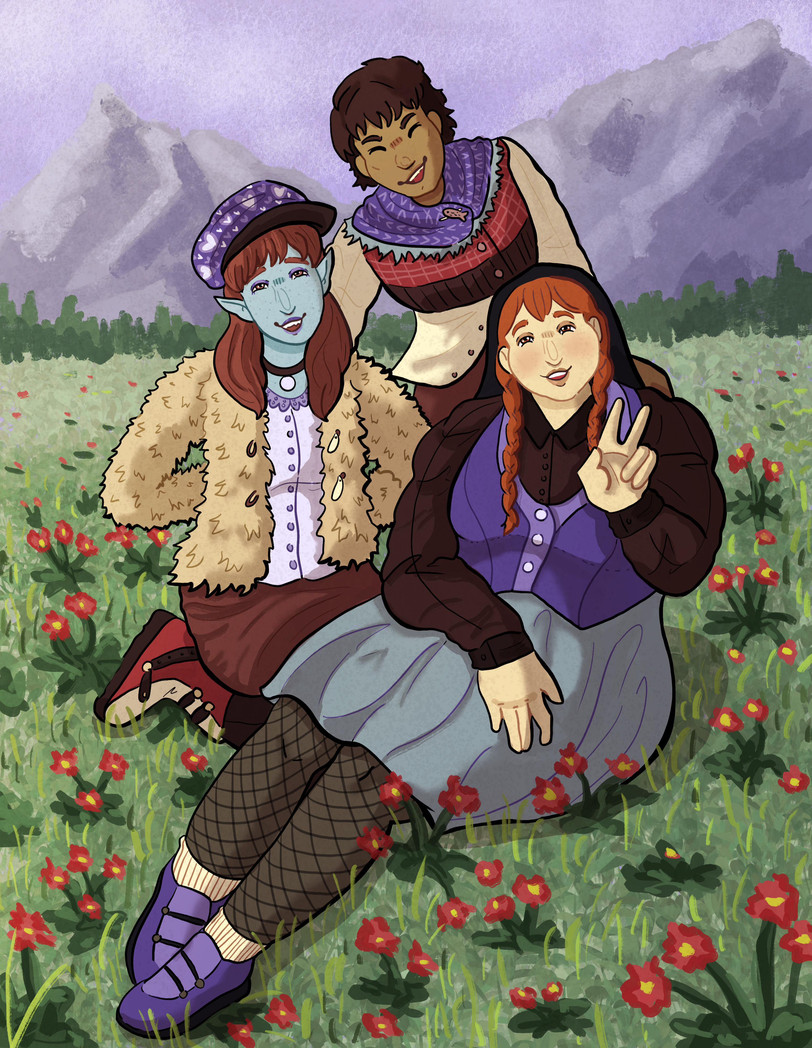 3 friends hanging out in a flower field.