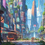 A bustling cyberpunk city street