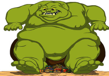 fat ogre squashes a pile of gladiators