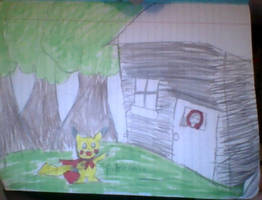 Superhero Pikachu outside red's grandma's house