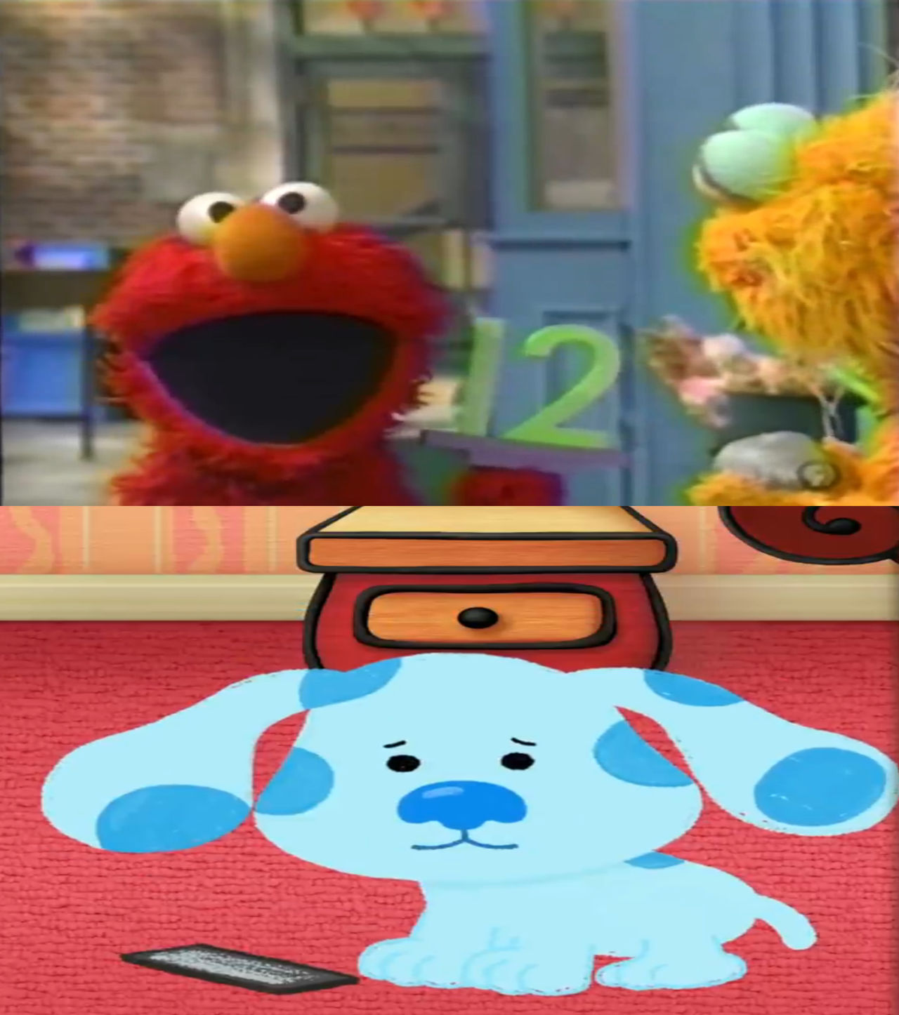 Blue worried over Elmo getting into a rage by ehrisbrudt on DeviantArt