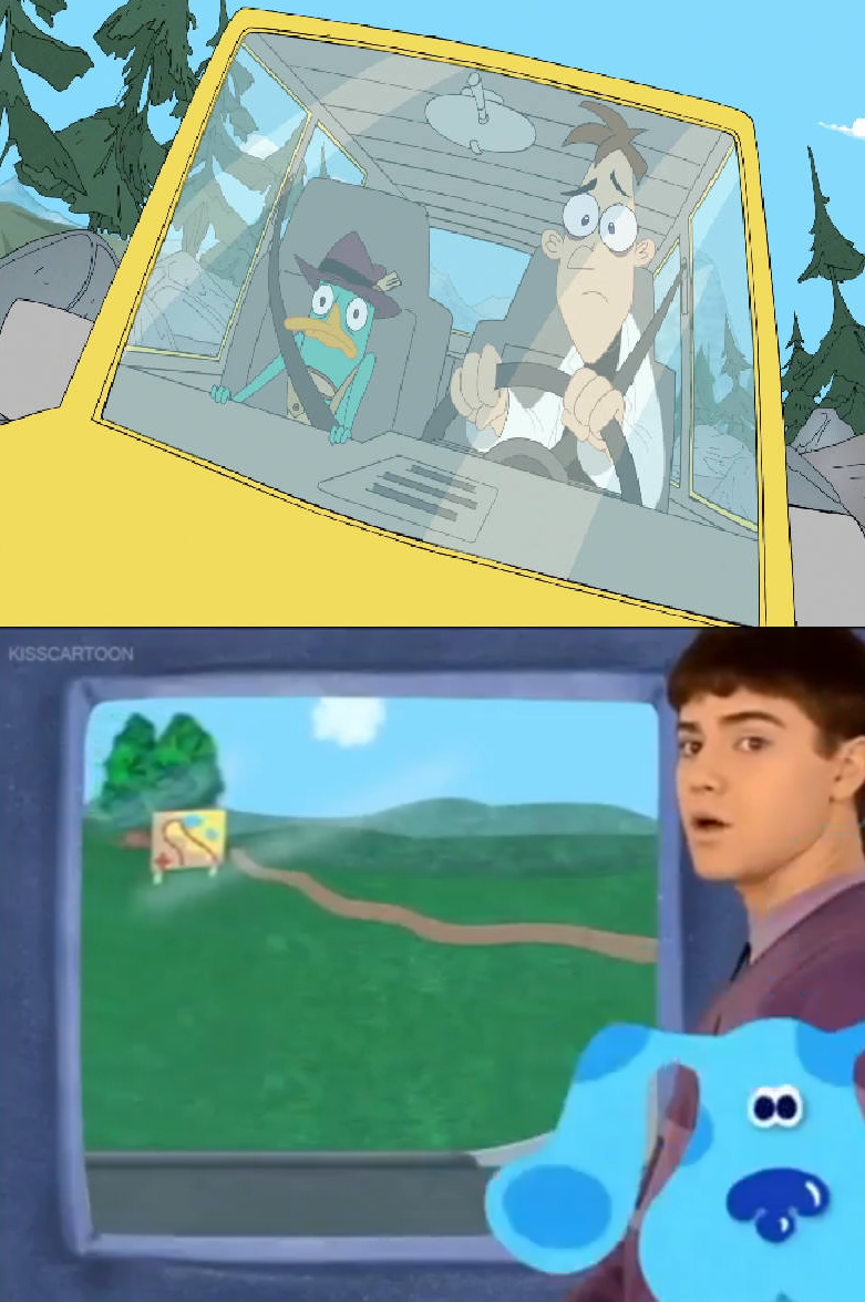 Perry and Doof about to crash into Joe and Blue by ehrisbrudt on