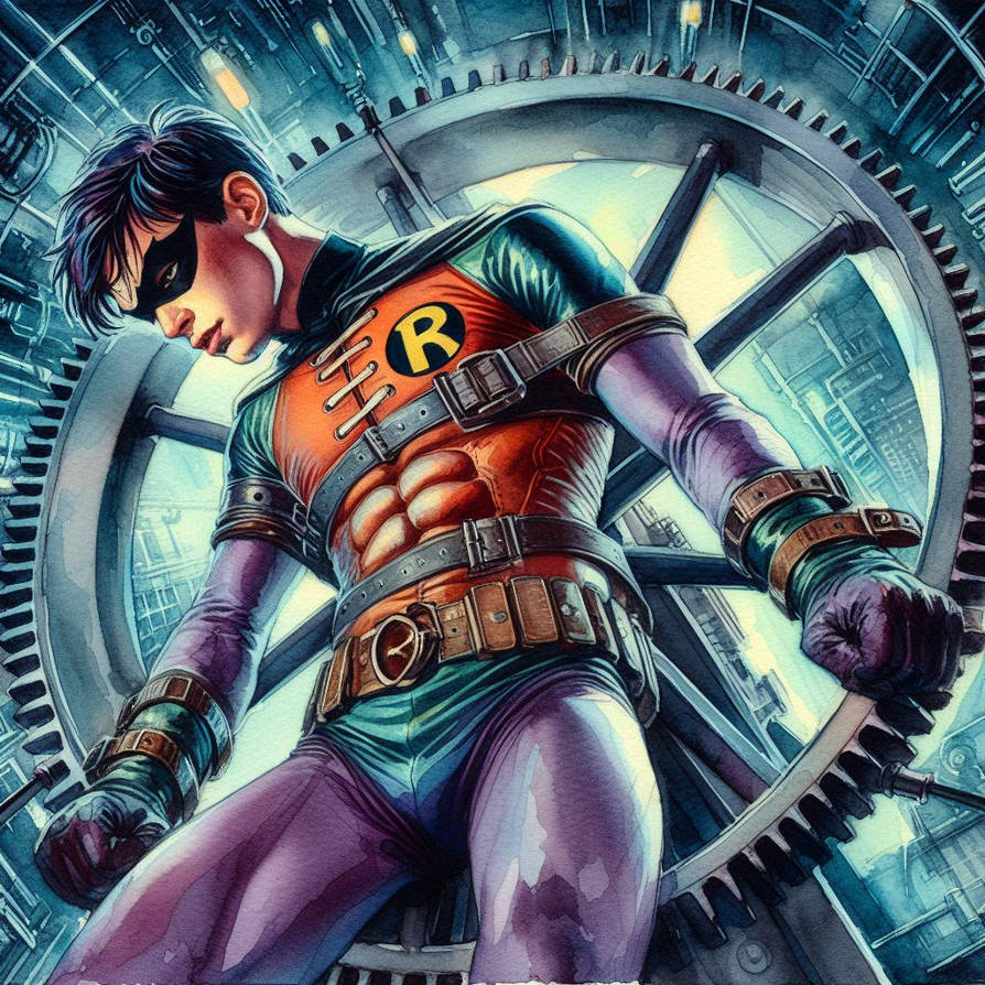 Robert Robin Riddles Robin Strapped to Riddler's Spinning Wheel 01 by bevelaca on DeviantArt