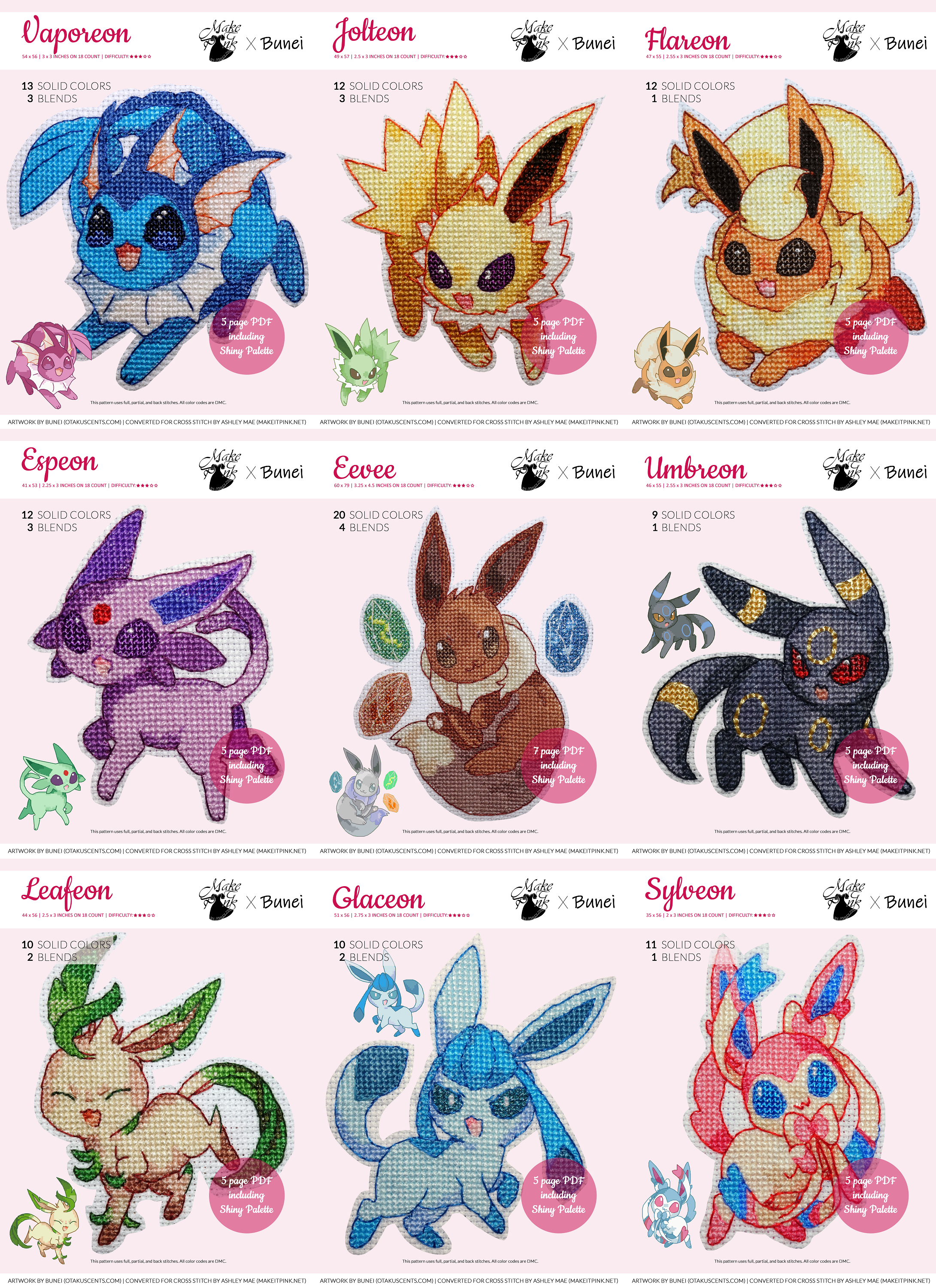 Full Set of Bunei's Eeveelutions Xstitch Patterns