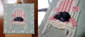 Black Cat Pink Chair Bead Embroidery