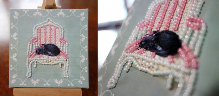 Black Cat Pink Chair Bead Embroidery