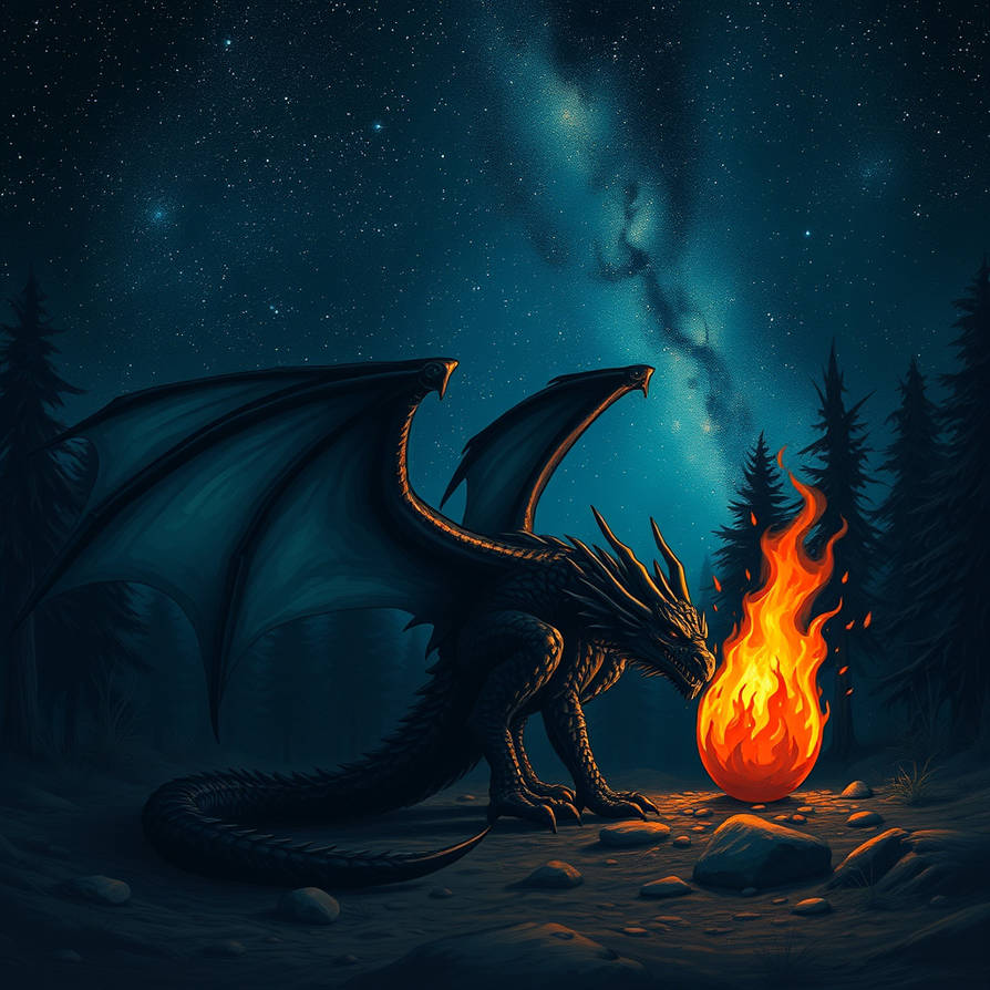 Black Dragon Crouching In Forest With Her Fire Egg