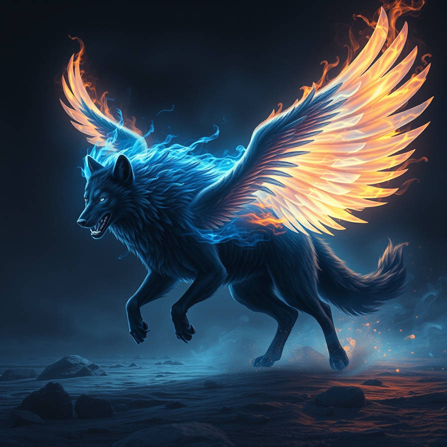 Fire Magic Wolf Magic Black Wolf With Fire Wings Leaping Into Air by AutherTiza on ...